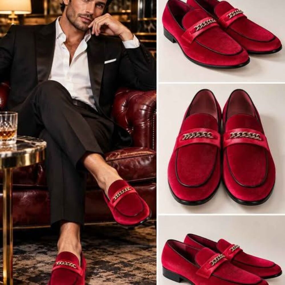MetroCharm Men's Red Velvet Gold Chain Loafers Dress Shoes Size 12